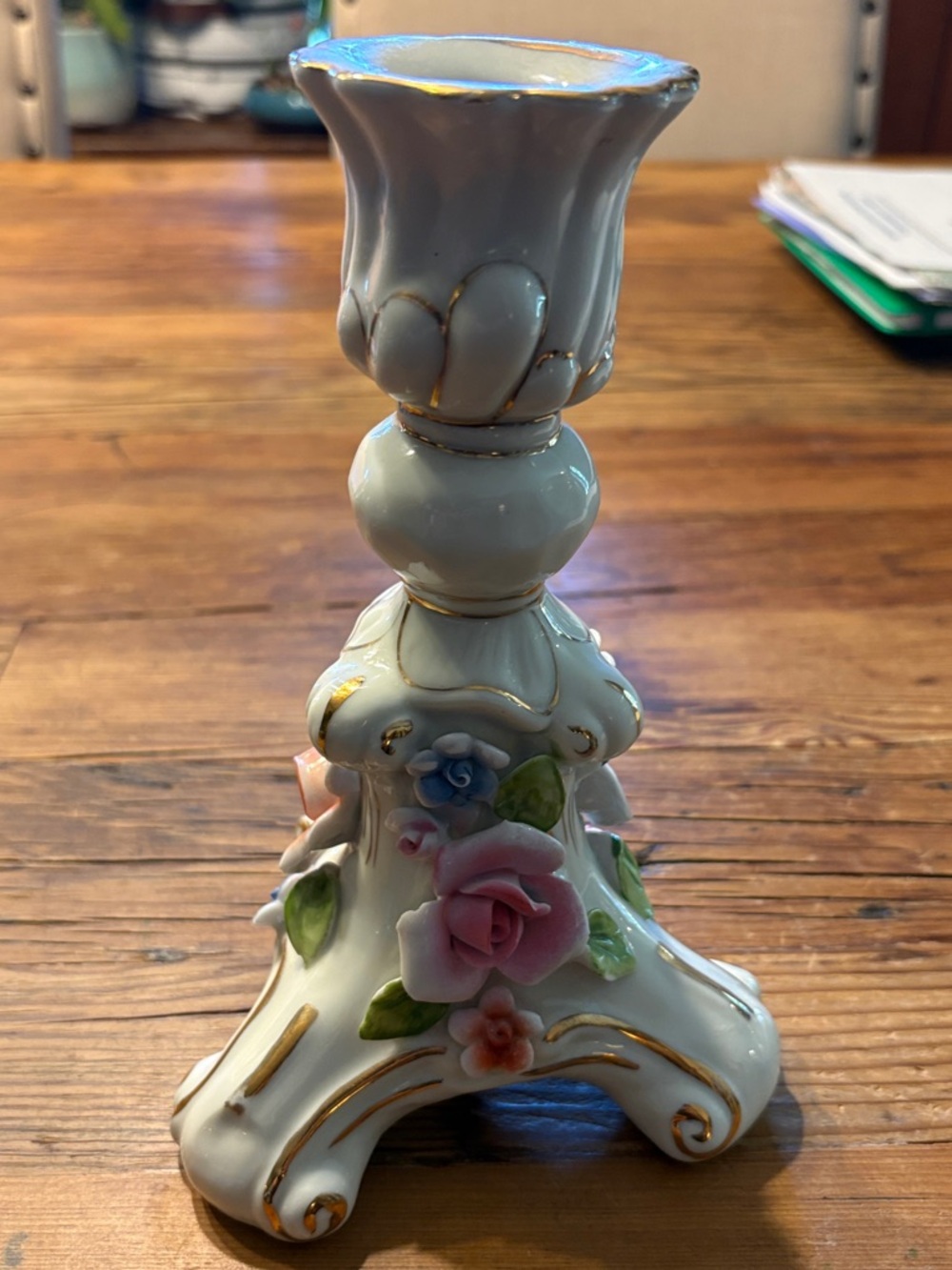 Limoges White Porcelain Candlestick with Pink Rose Accents